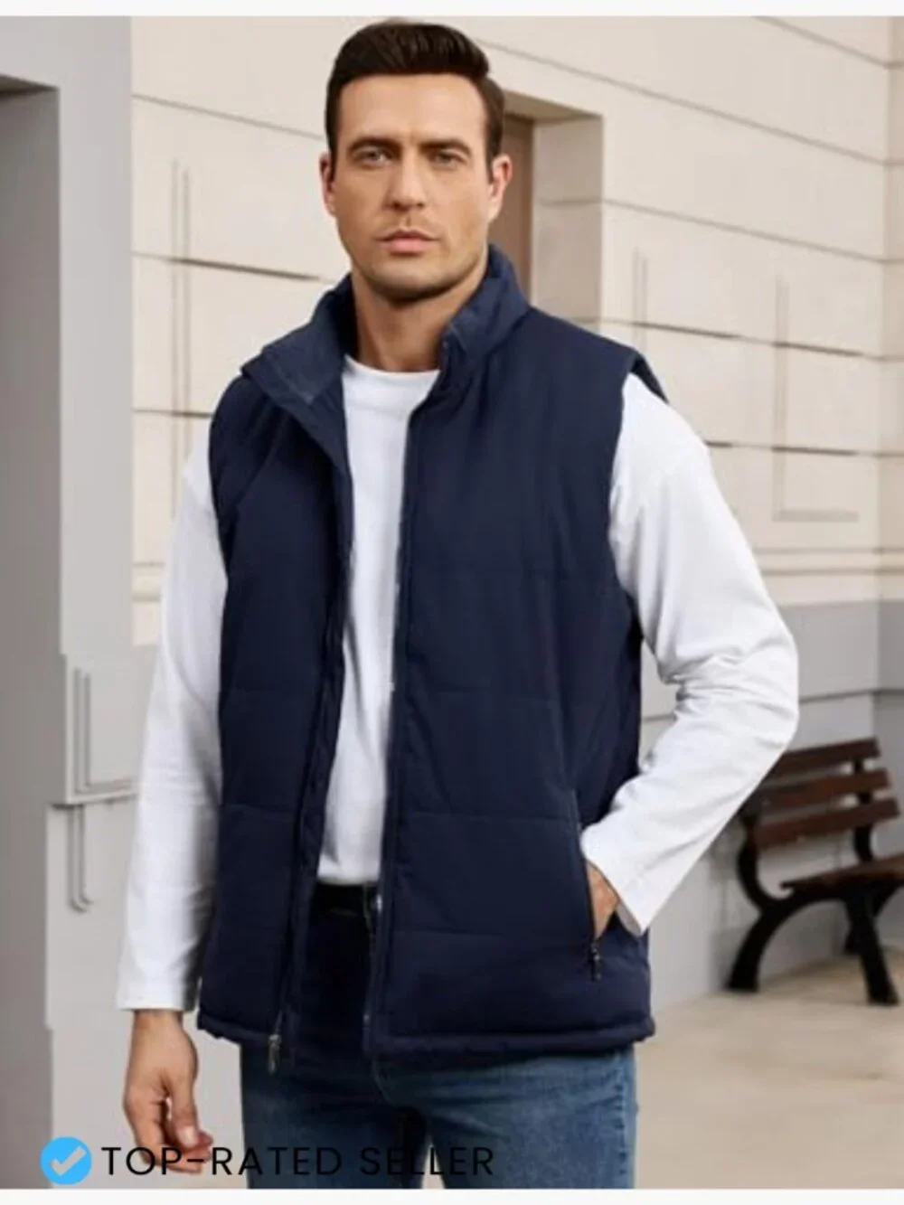 Men's Fleece Lined Puffer Vest Quilted Sleeveless Jacket with Pockets Winter